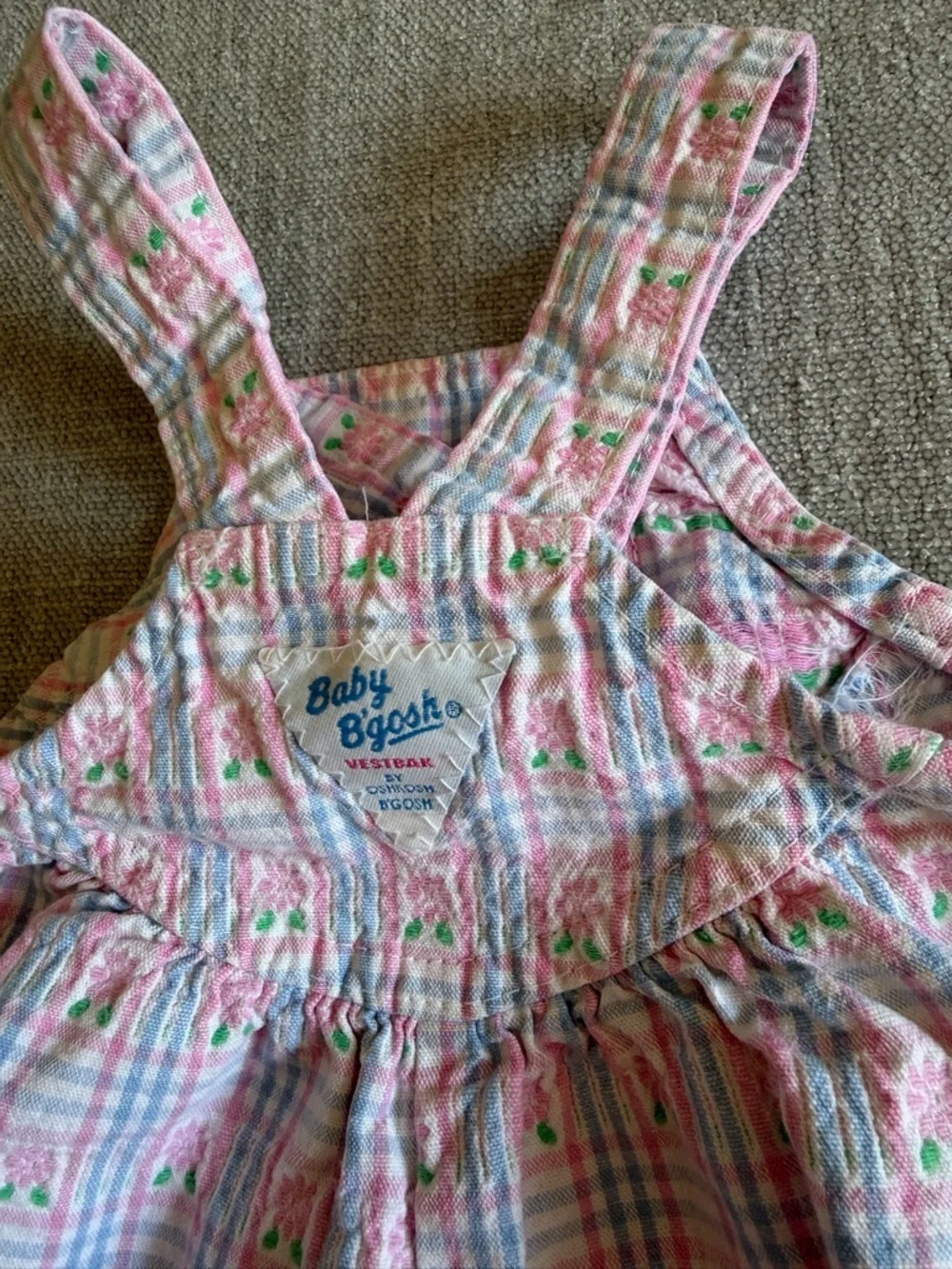 Vintage Oshkosh vestback baby girl Romper bib overalls floral plaid 3/6 months